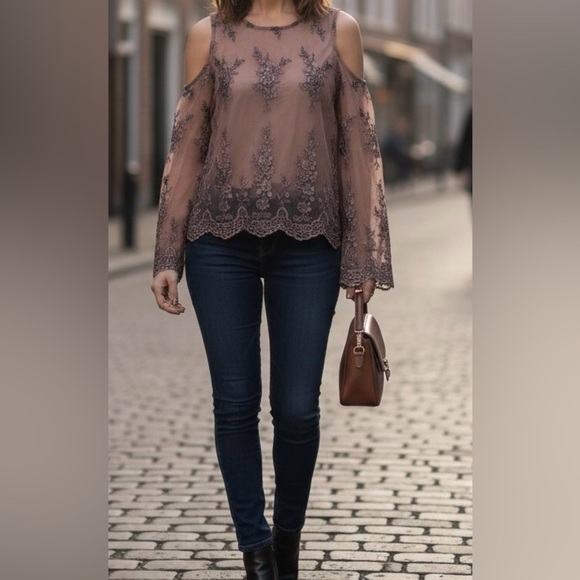 American Rag Tops - American Rag Mauve Lace Cold Shoulder Blouse